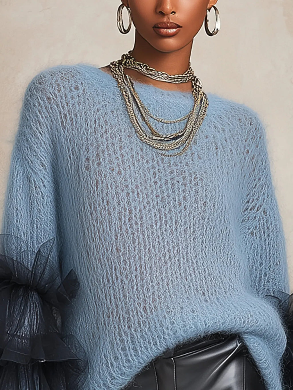 Light Blue Mohair Crew Neck Sweater With Layered Black Tulle Ruffle Cuffs