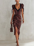 Burgundy Abstract Leopard Print Ruched Bodycon Dress With Side Slit