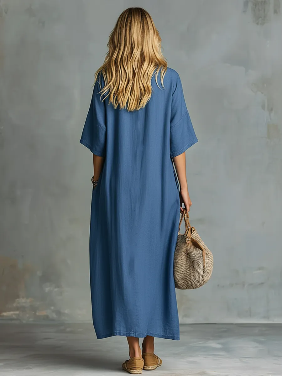Retro Blue Tencel Denim Short-sleeved Maxi Dress