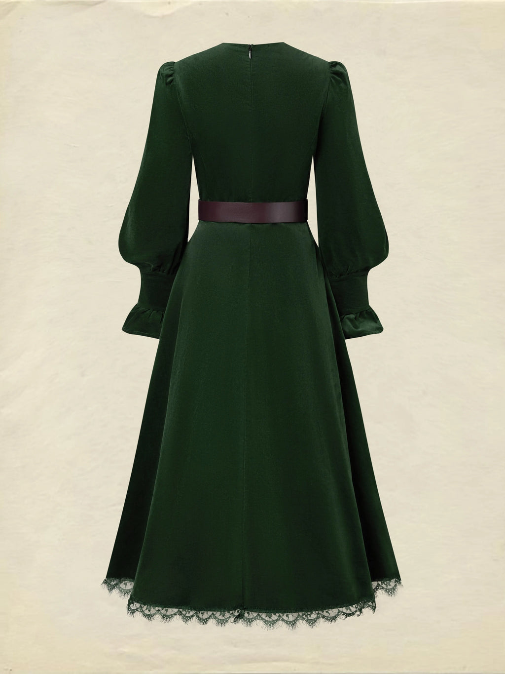 Midi Cotton Dress, Long Sleeves, V Neck, Plain, Lace, Vintage, Green