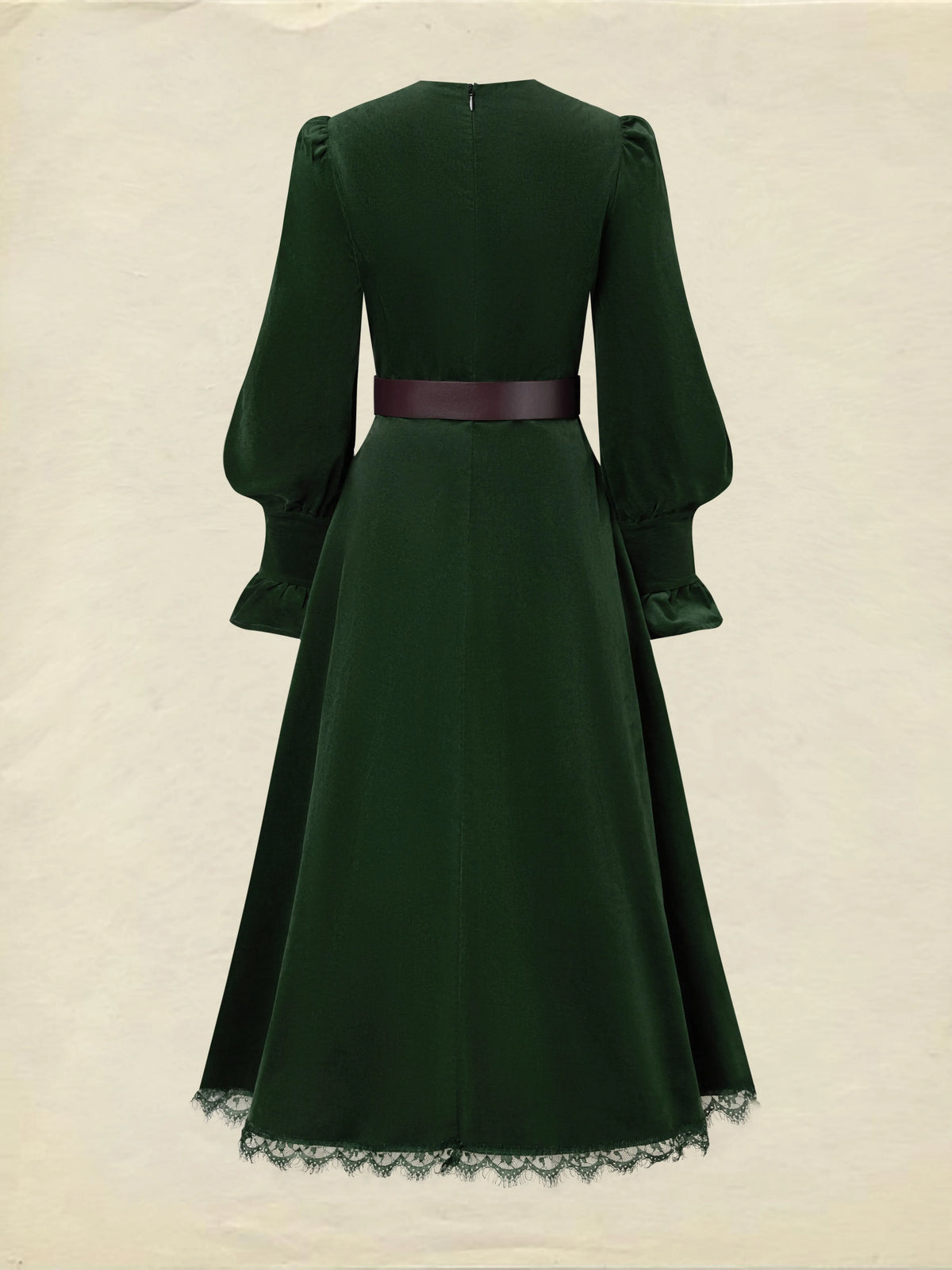 Midi Cotton Dress, Long Sleeves, V Neck, Plain, Lace, Vintage, Green