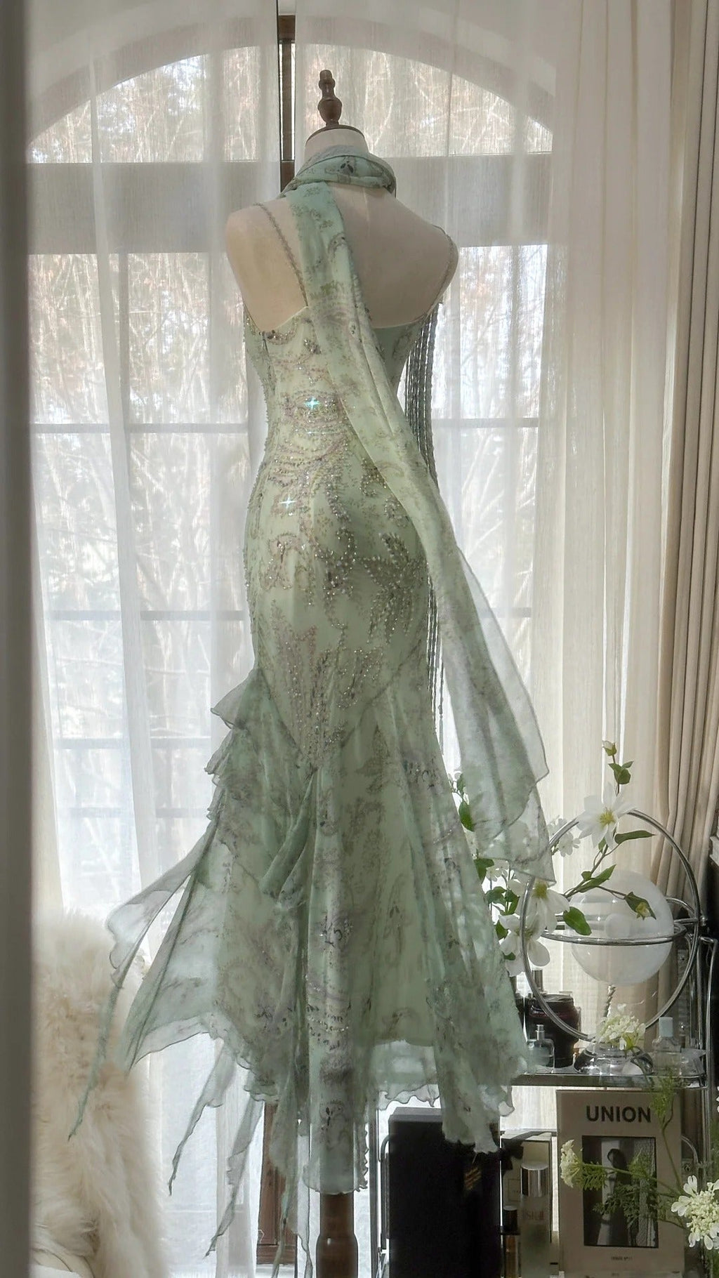 Mint Green Gorgeous Exquisite Beaded Long Chiffon Fairy Ball Gown Evening Dress Wedding Party Dress Prom Dress Graduation Date Dress 3989