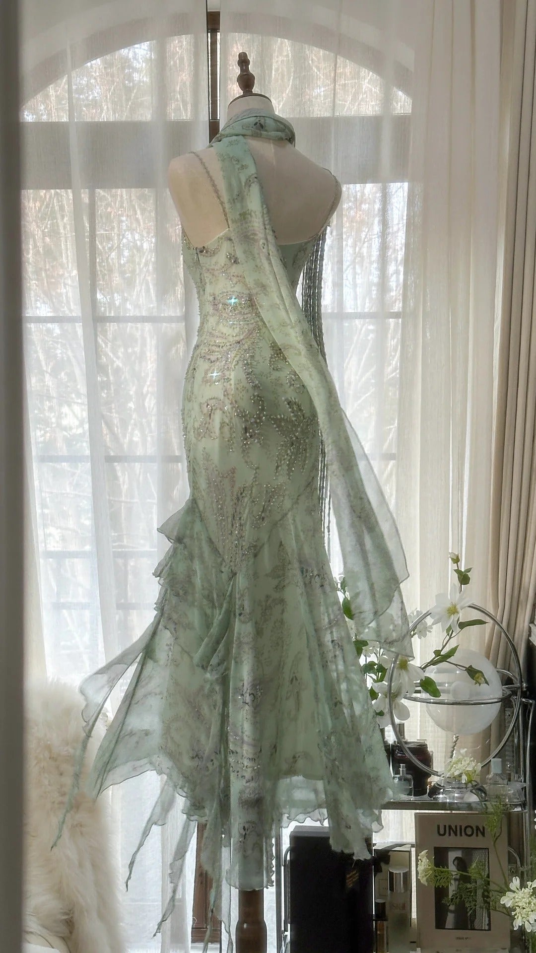 Mint Green Gorgeous Exquisite Beaded Long Chiffon Fairy Ball Gown Evening Dress Wedding Party Dress Prom Dress Graduation Date Dress