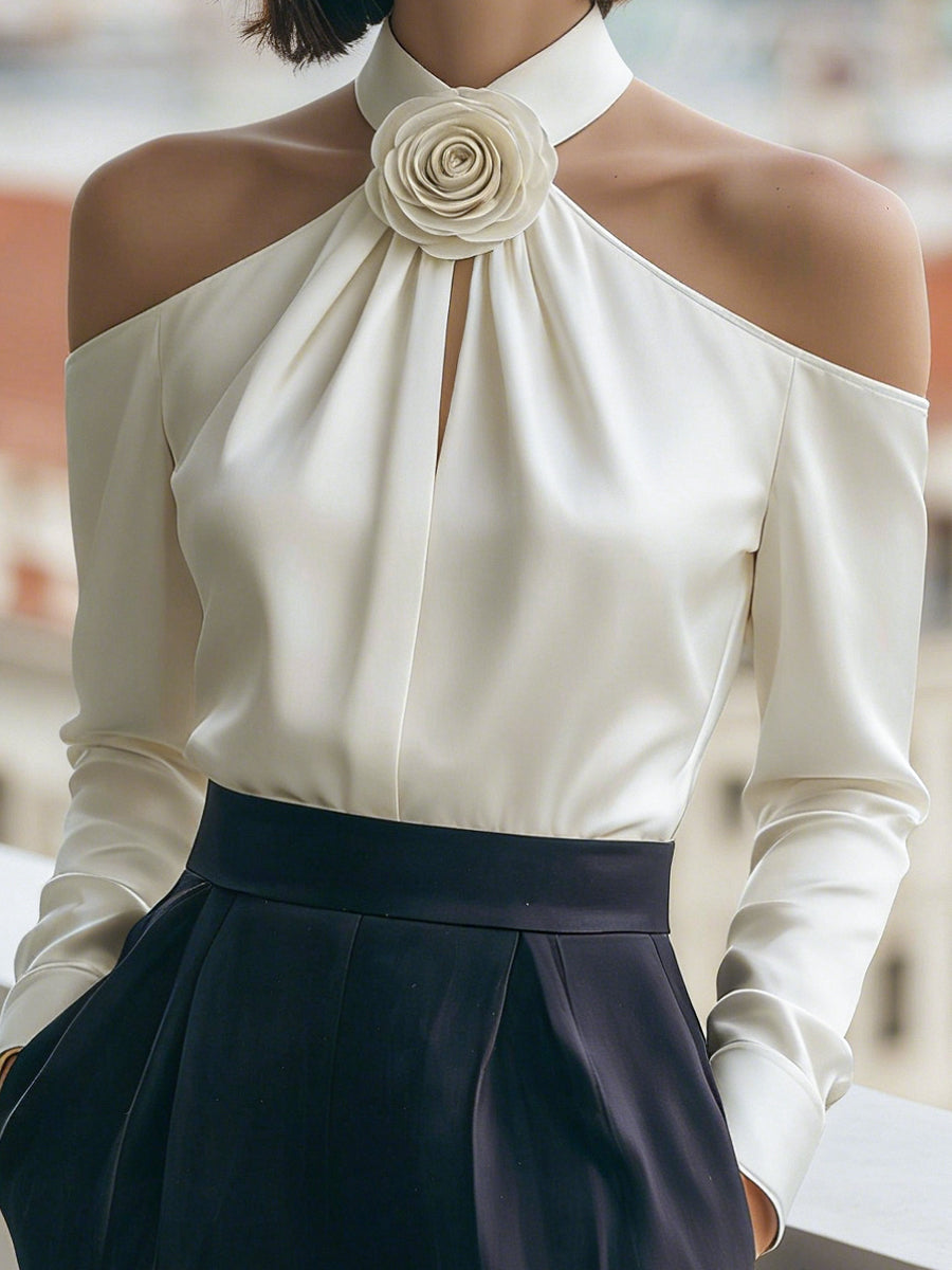 Luxury Satin Cold-Shoulder Blouse With 3D Rose Choker Neckline