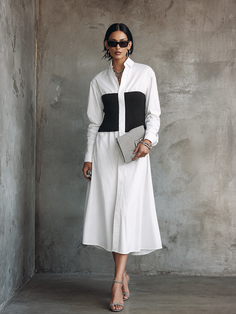 Women's Modern White Woven Cotton Blend Black Ribbed Panel Button-Front Midi Shirt Dress MDZ2474G0GMJ