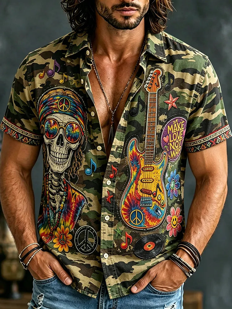 Men's Retro Hippie Camouflage Skull Guitar Print Shirt