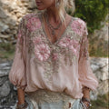 Vintage Pink Floral Glitter Beaded Flowy Linen Tunic