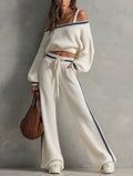 Women's Casual Beige Knitted Long-sleeve Sweater And Knit Trousers Set MDZ2362G4LXY