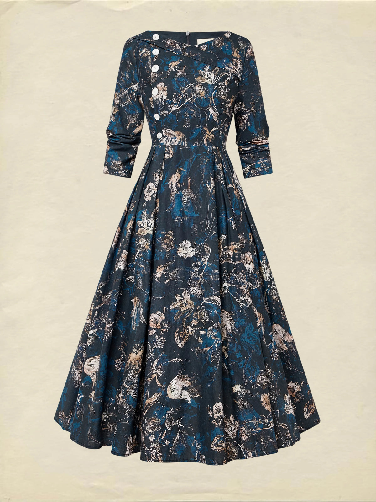 Midi Linen Dress, Long Sleeves, V Neck, Floral, Button Design, Vintage, Deep Blue