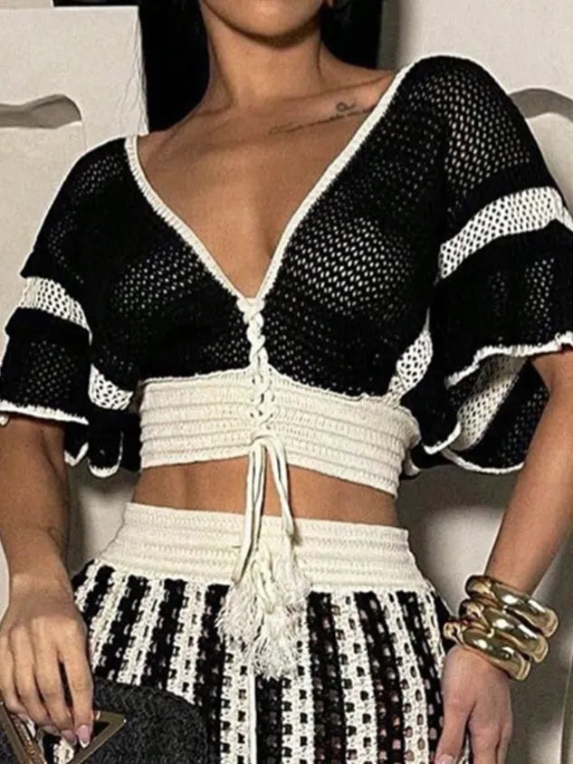 Urban Color Block Lace-up V Neck Knit Top