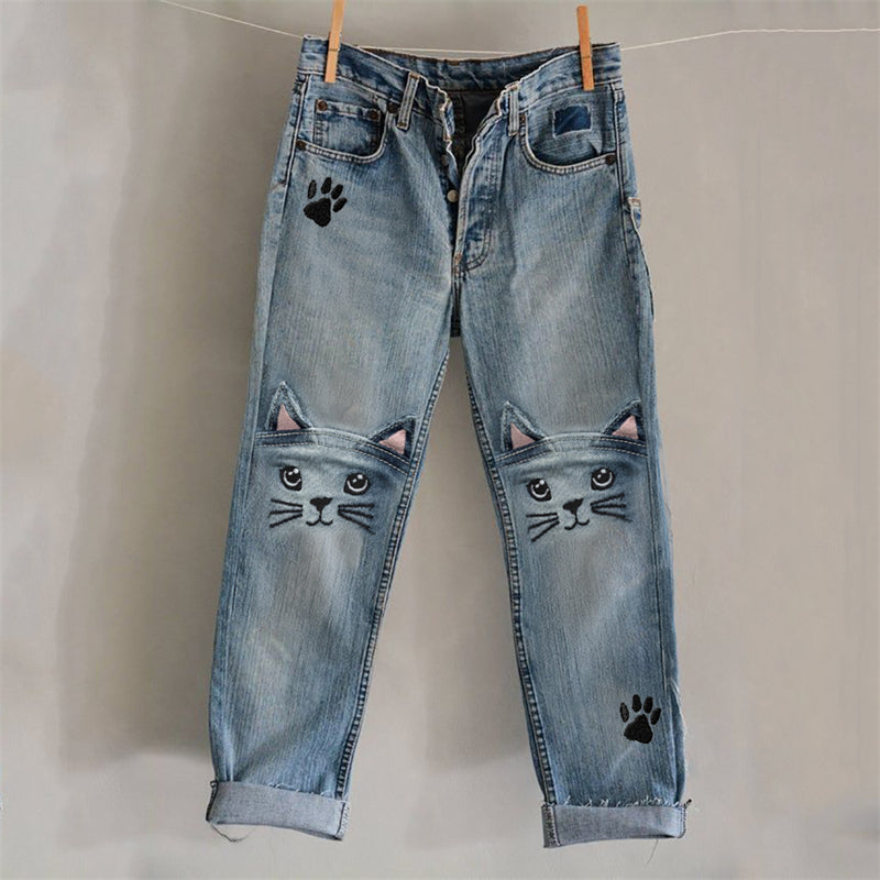 Lovely Cat Faces Embroidered Patchwork Washed Jeans