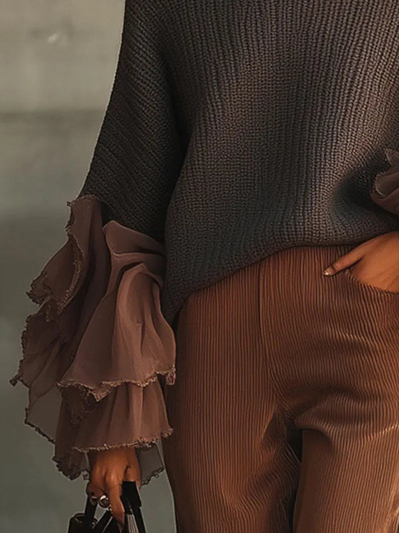 Gray Ruffle Sleeve Turtleneck Sweater