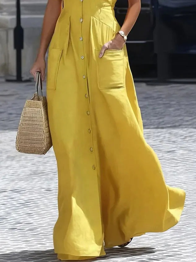Urban Plain Buttoned Shirt Collar Maxi Dress