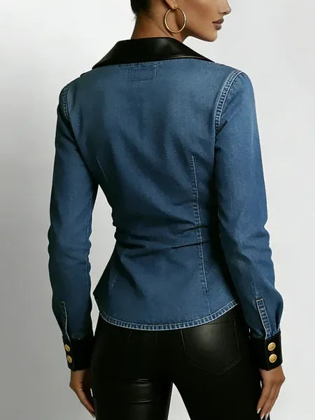 Elegant Leather-paneled Metal Buttons Denim Jacket