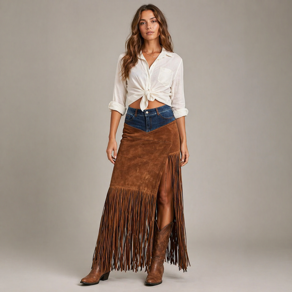 Western Faux Suede Fringe Maxi Skirt with Denim Yoke