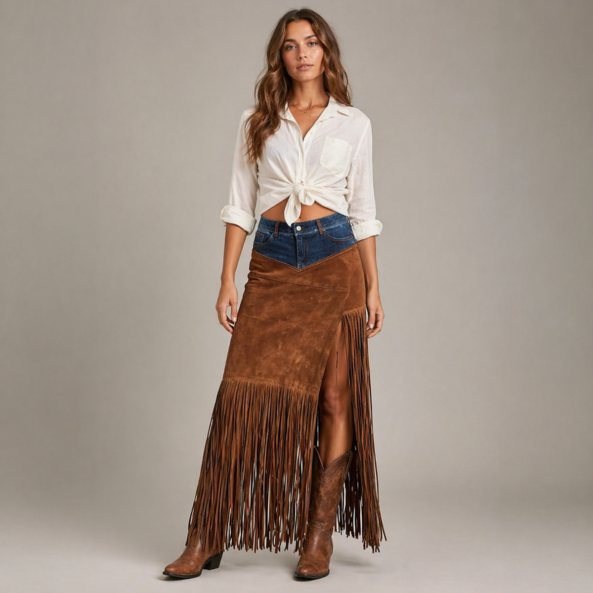Western Faux Suede Fringe Maxi Skirt with Denim Yoke