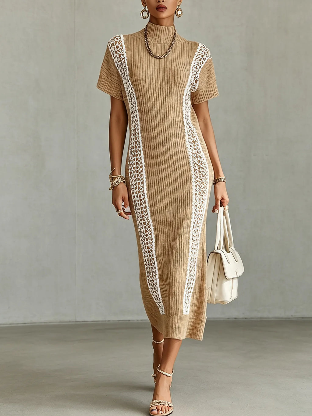 Khaki Ribbed Knit Maxi Dress With Contrast Lace Patchwork