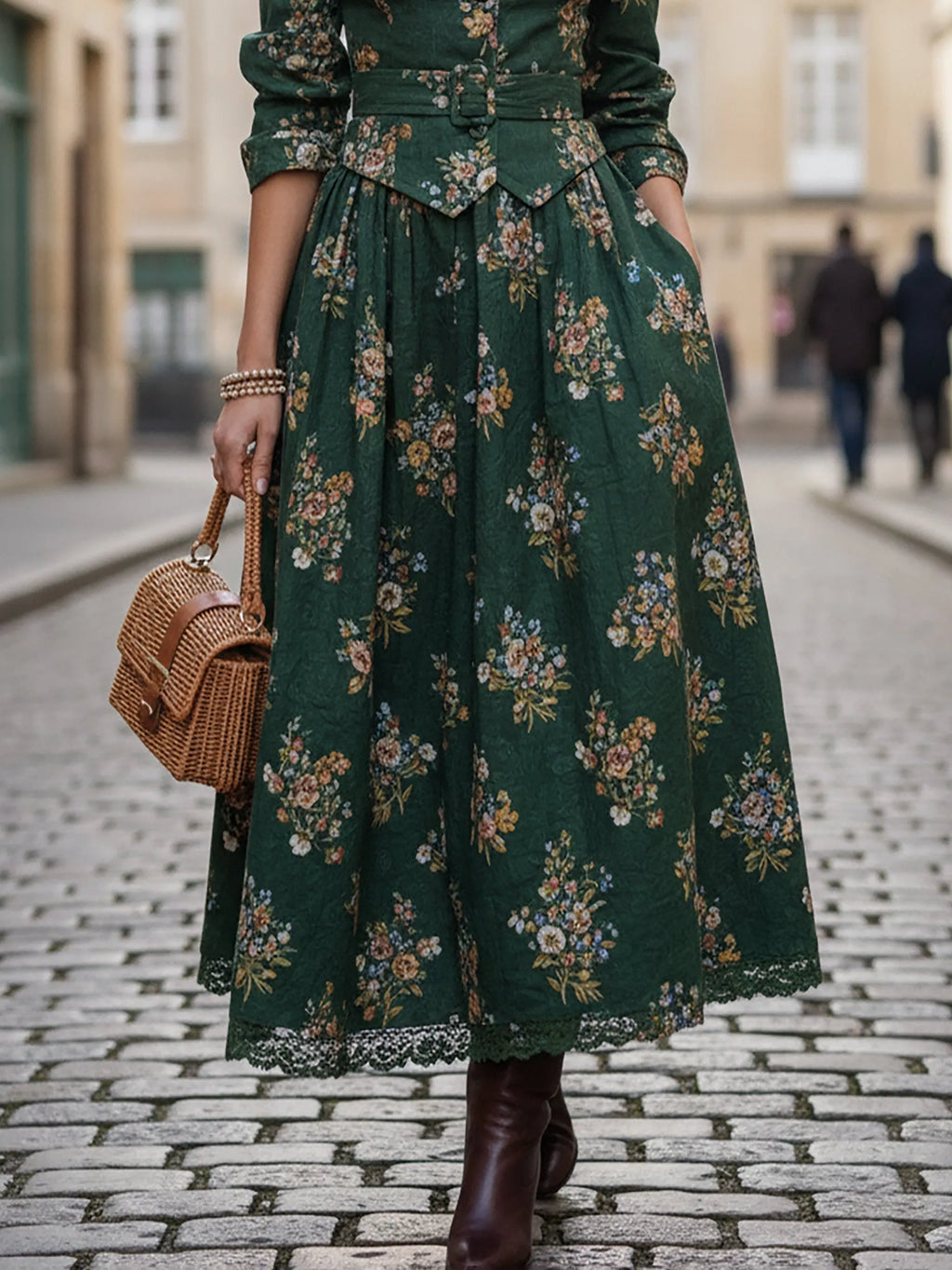Maxi Linen Skirt, Floral, Pocket Design, Vintage, Green