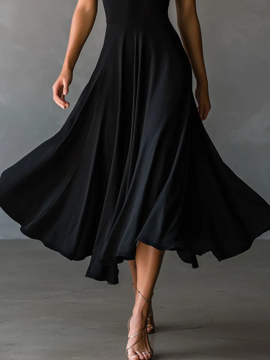 Black Halter Cross Tie-back A-Line Midi Dress