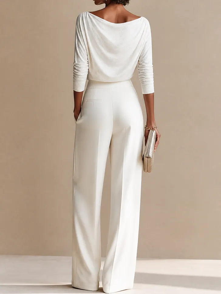 Women's Elegant Draped Boat-Neck Long-Sleeve Top & High-Waisted Wide-Leg Trouser Set