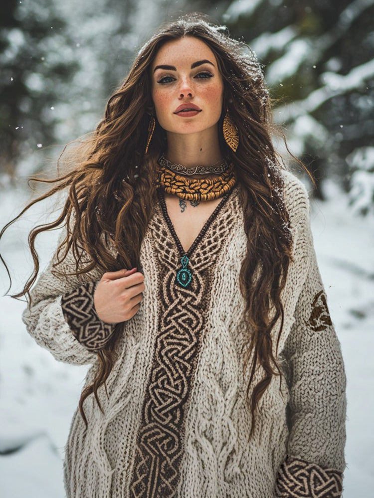 Women's Viking Tribal Witch Inspired Celtic Chunky Knit V-neck Sweater
