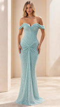 Off-the-Shoulder Sweetheart Ruched Sequin Evening Gown