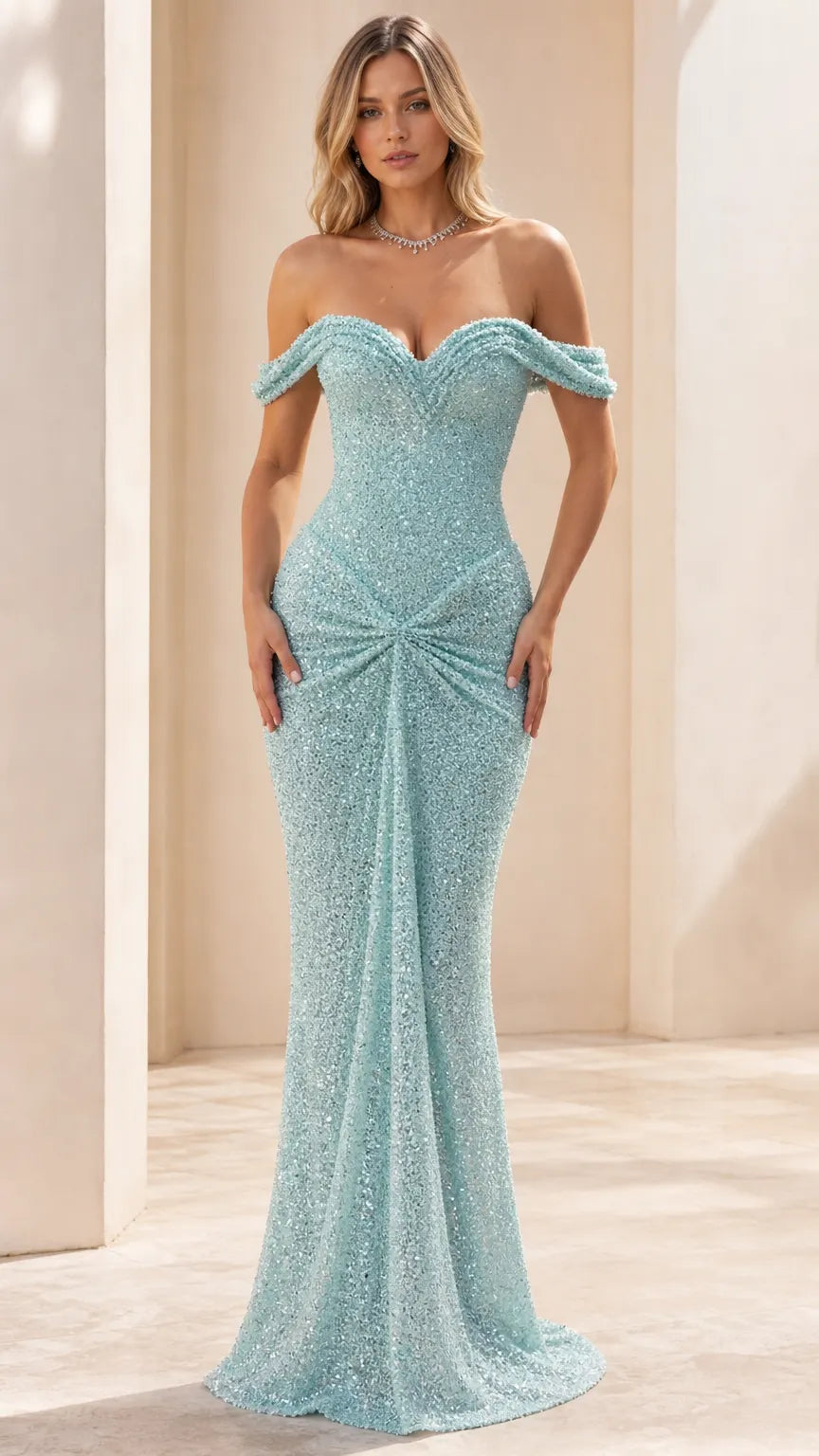 Off-the-Shoulder Sweetheart Ruched Sequin Evening Gown