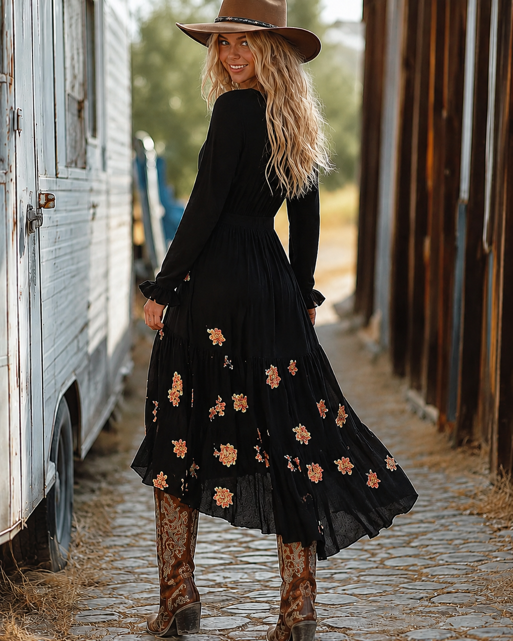 Black Floral Smocked-Waist Maxi Dress