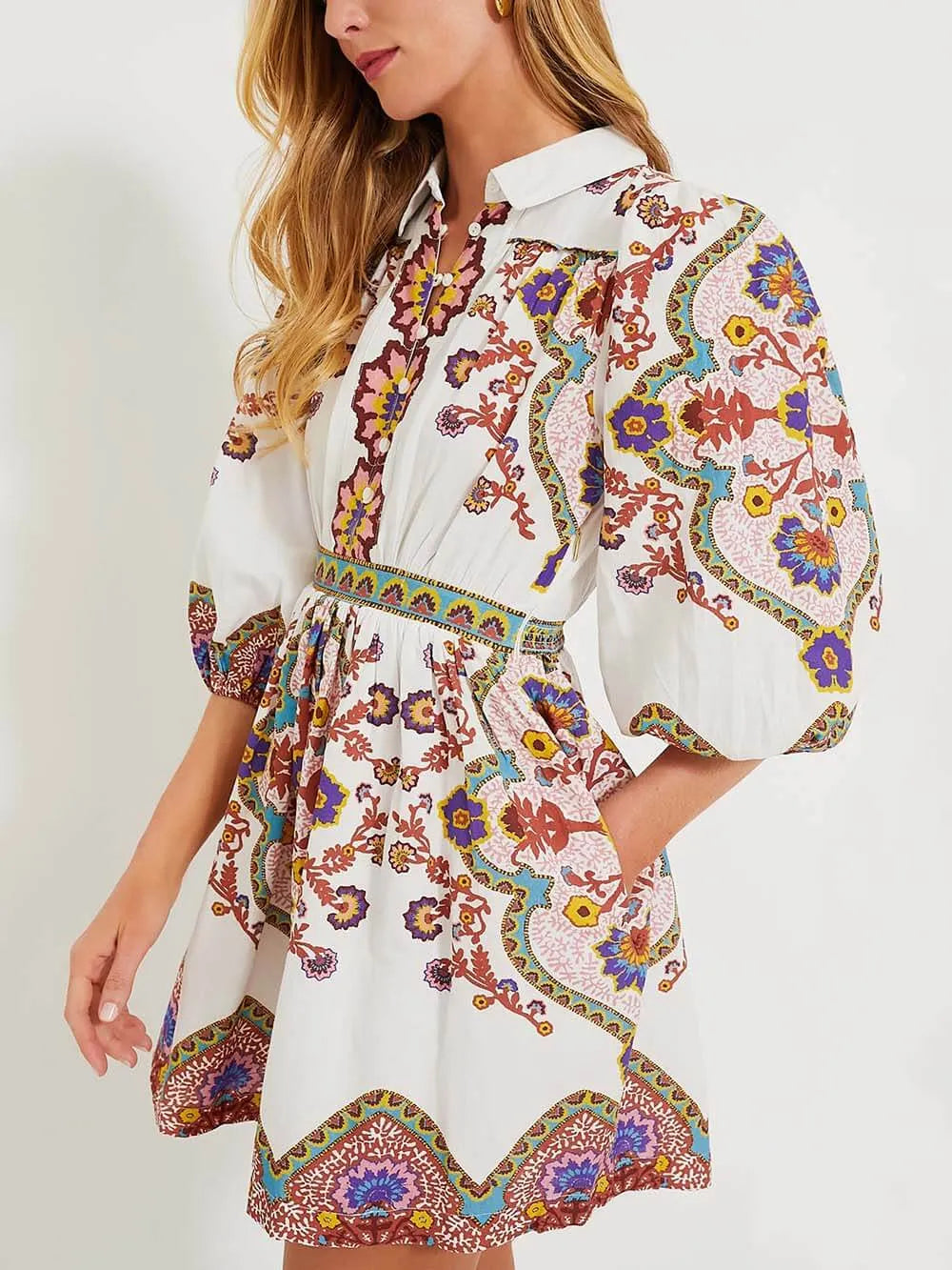 Unique Print Puff Sleeve Pocketed Shirt Mini Dress