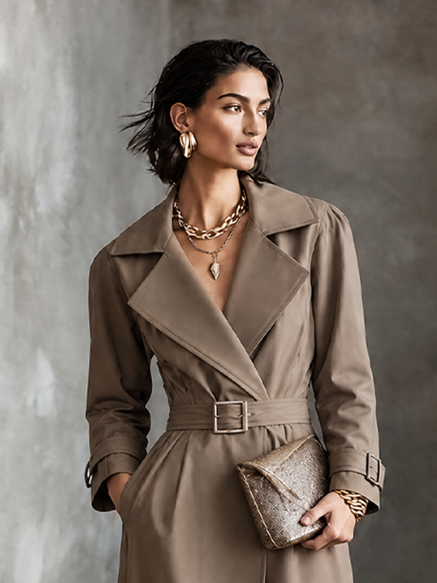 Women's Classic Elegant Khaki Cotton Blend Belted Long Trench Coat MDZ2212G9GMJ