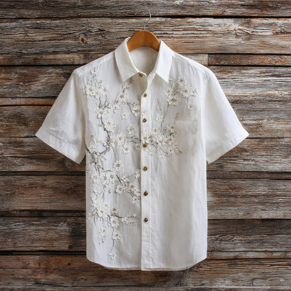 Japanese Style White Cherry Blossom Embroidered Washed Short Sleeve Shirt