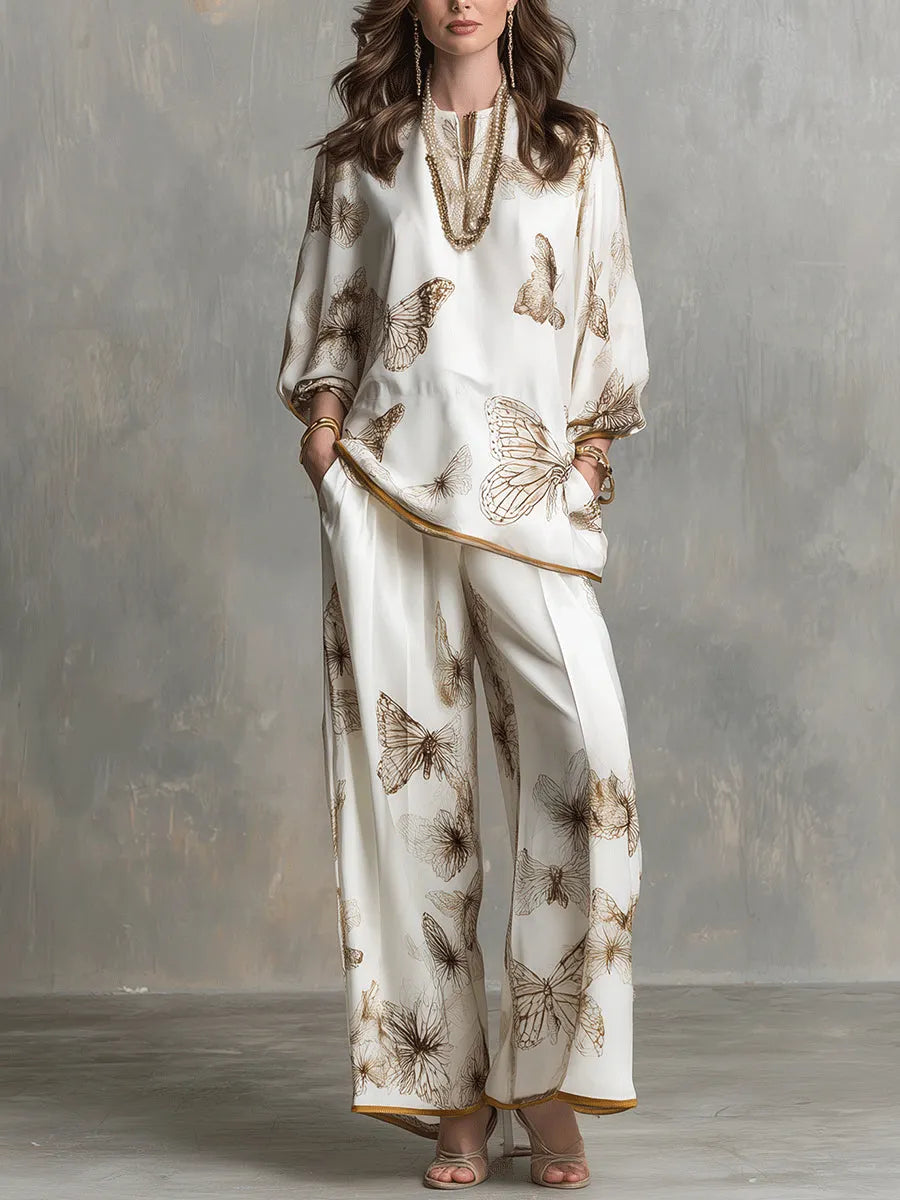 Ivory Satin V-Neck Butterfly-Print Top and Wide-Leg Trousers Set
