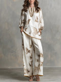 Ivory Satin V-Neck Butterfly-Print Top and Wide-Leg Trousers Set
