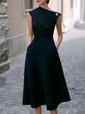 Asymmetric Shoulder Gold-Button Structured Midi Dress