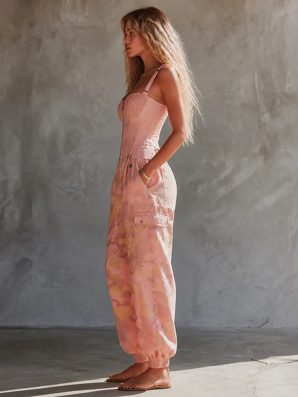 Women's Pink Camouflage Utility Cargo Jumpsuit