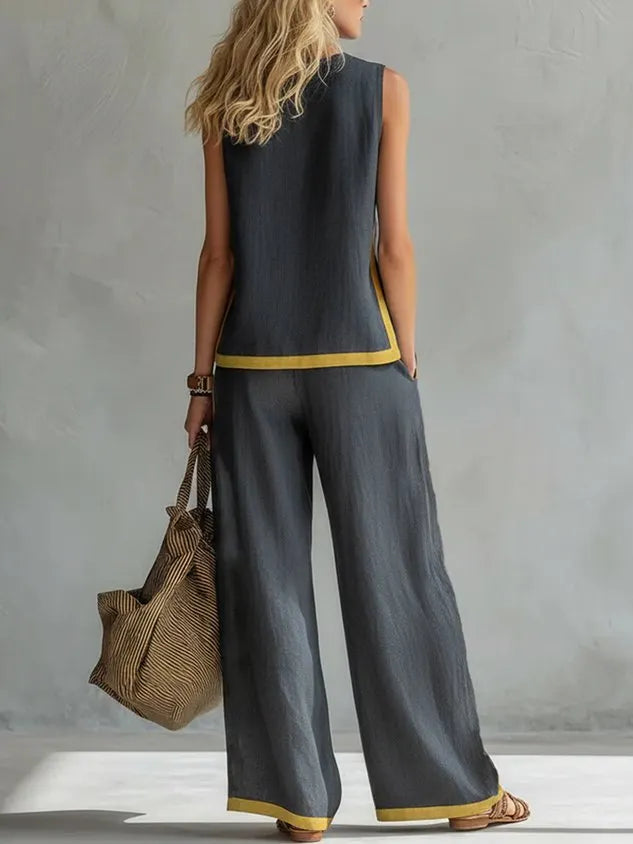 Cotton And Linen Casual Color Block Crew Neck Tank Top