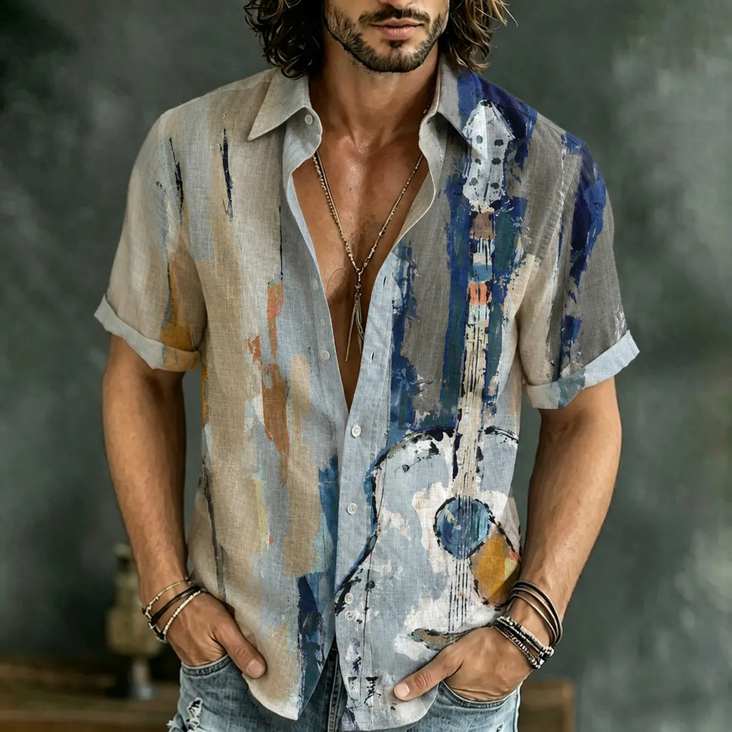Men's Retro Hippie Pattern Short-sleeve Cotton Linen Shirt