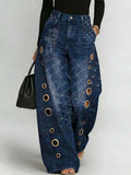 Women's Retro Art Print Casual Stylish Hollow Denim Pants