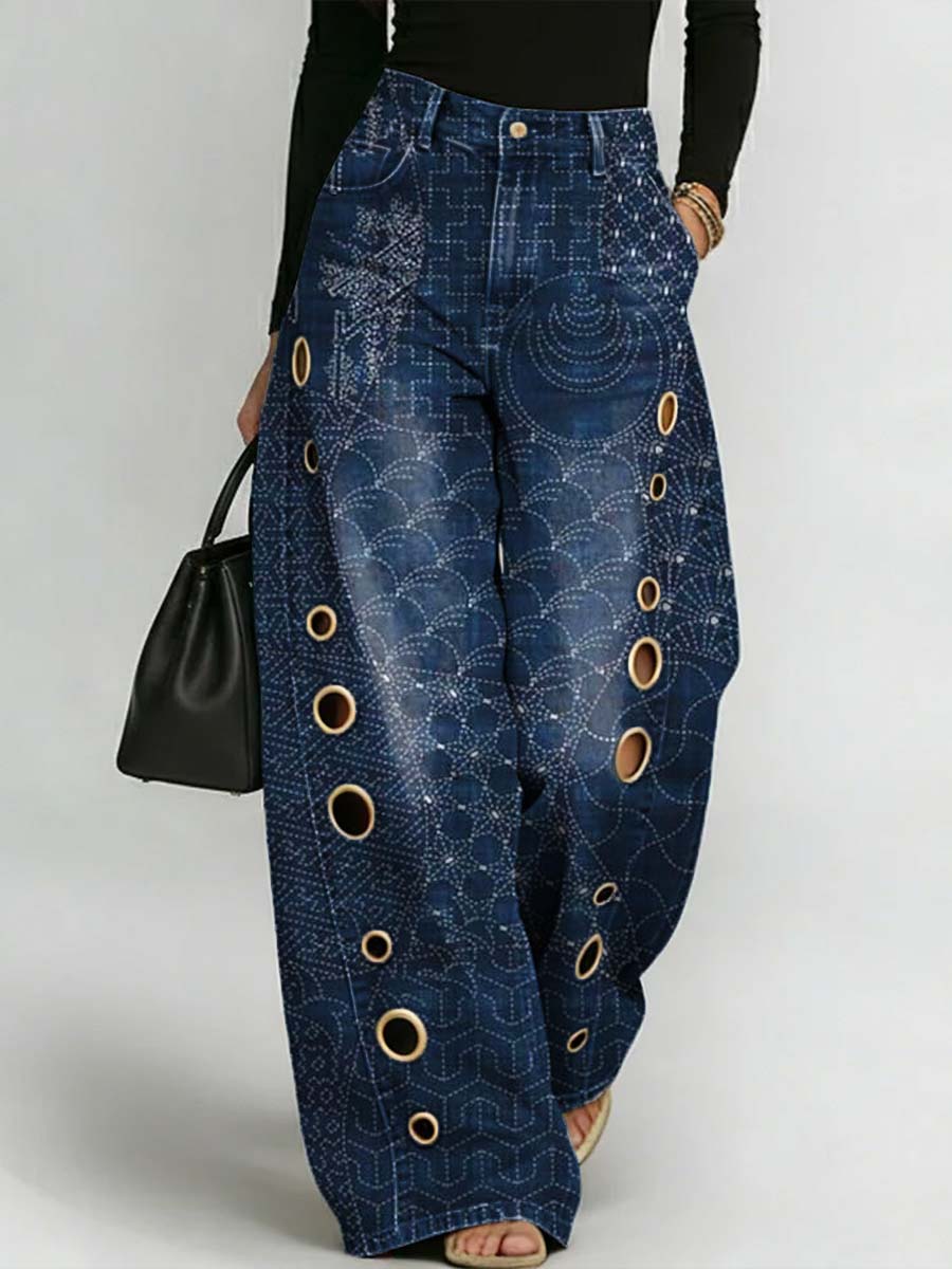 Women's Retro Art Print Casual Stylish Hollow Denim Pants