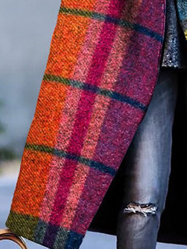 Loose Three-Quarter Sleeves Contrast Color Plaid Split-Joint Lapel Outerwear Windbreakers Woolen Coat