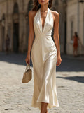 Elegant Satin Halter Neck Maxi Dress, Deep V-Neck Ruched Bodycon Evening Gown