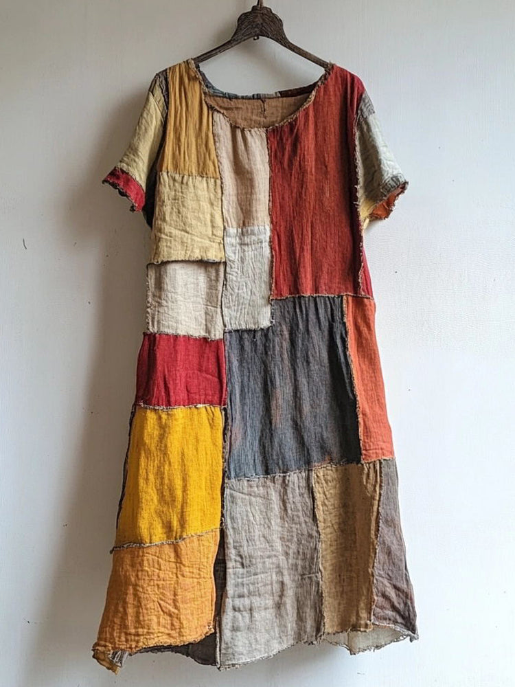 Vintage Patchwork Art Linen Blend Midi Dress d7b0