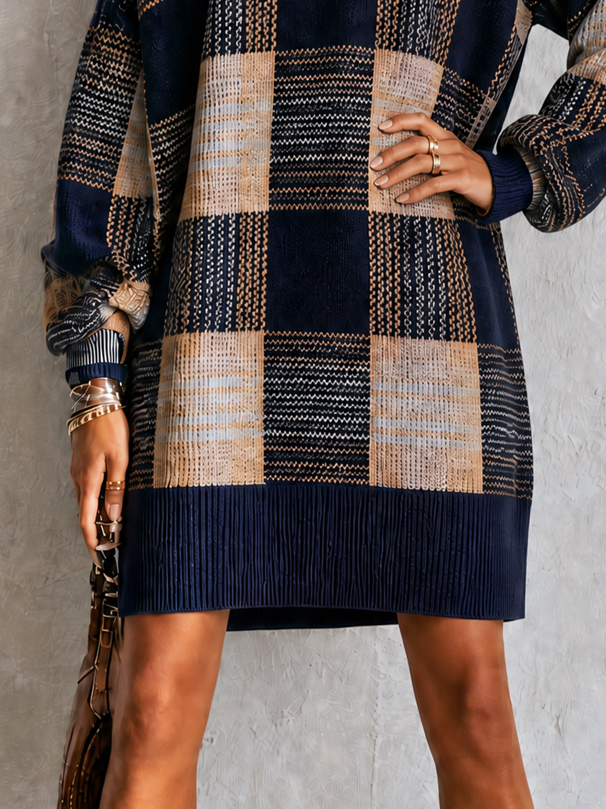 Plaid Oversized Sweater Dress Long Sleeve Crew Neck Knit Mini Dress