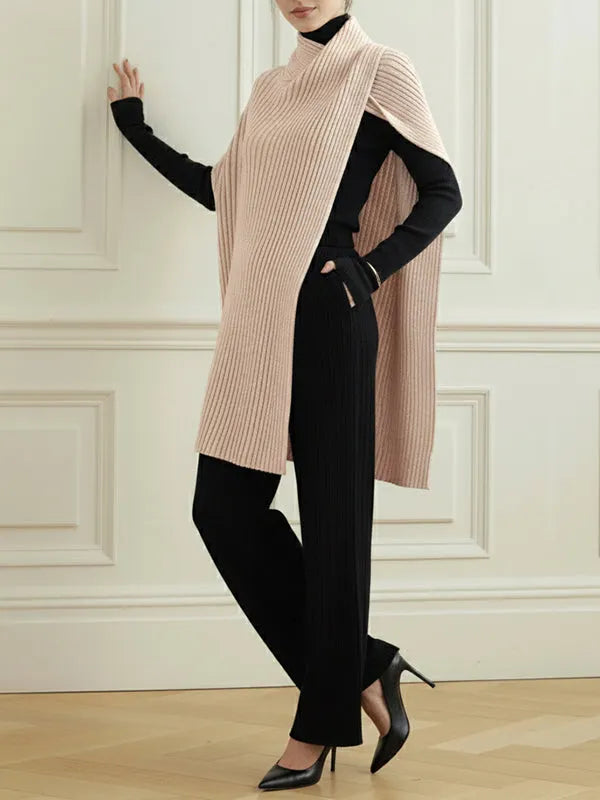 Loose Asymmetric Solid Color Split-Joint High Neck Sweater Tops