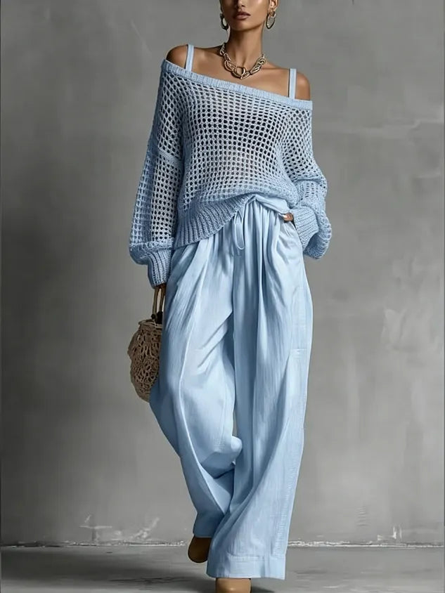 Casual Plain Hollow Out Cold Shoulder Knit Top