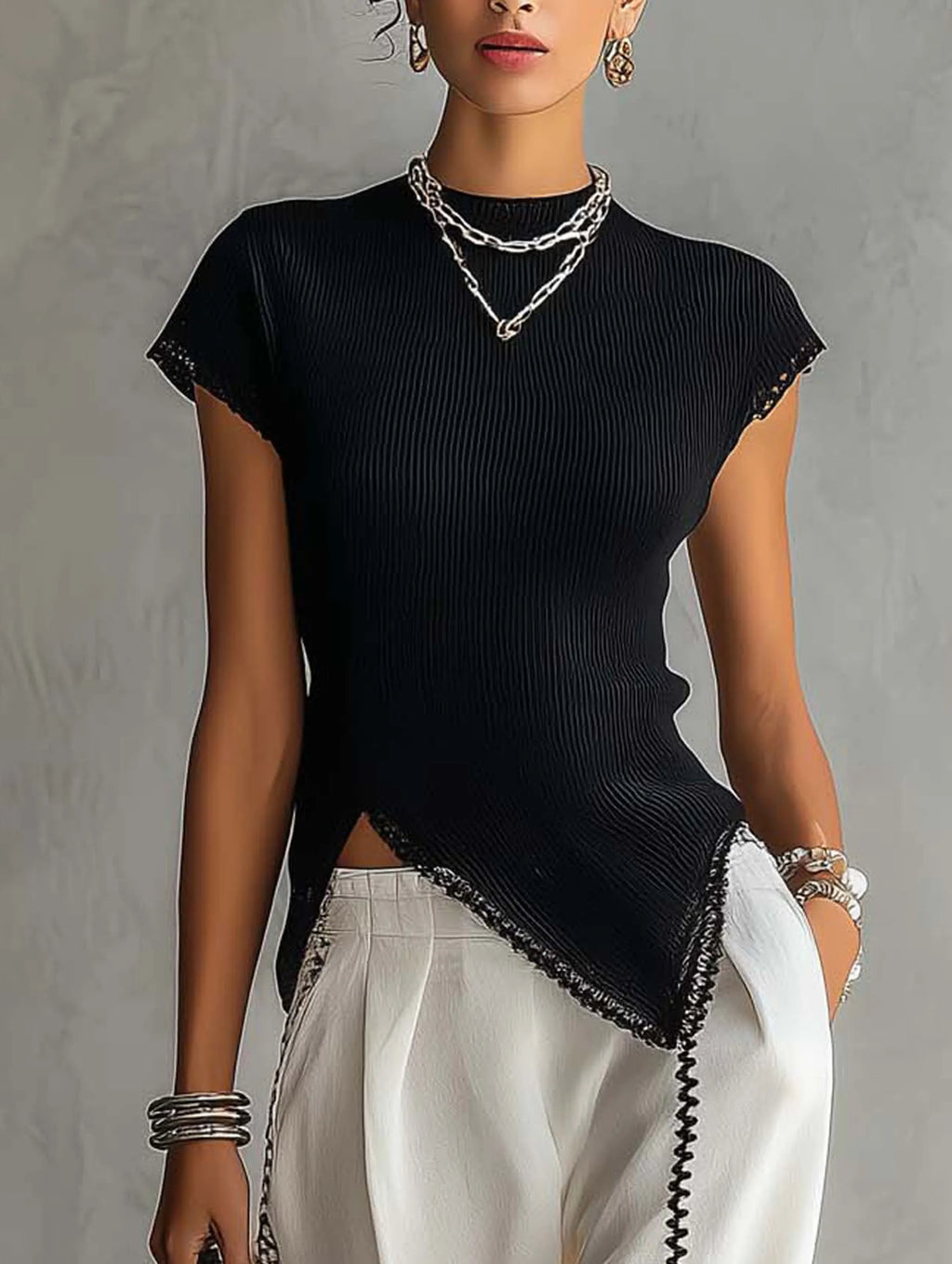 Black Ribbed Knit Top And White Wide Leg Pants Set With Contrast Trim