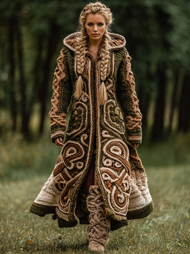 Vintage Viking Celtic Knot Rune Contrast Knit Hooded Coat