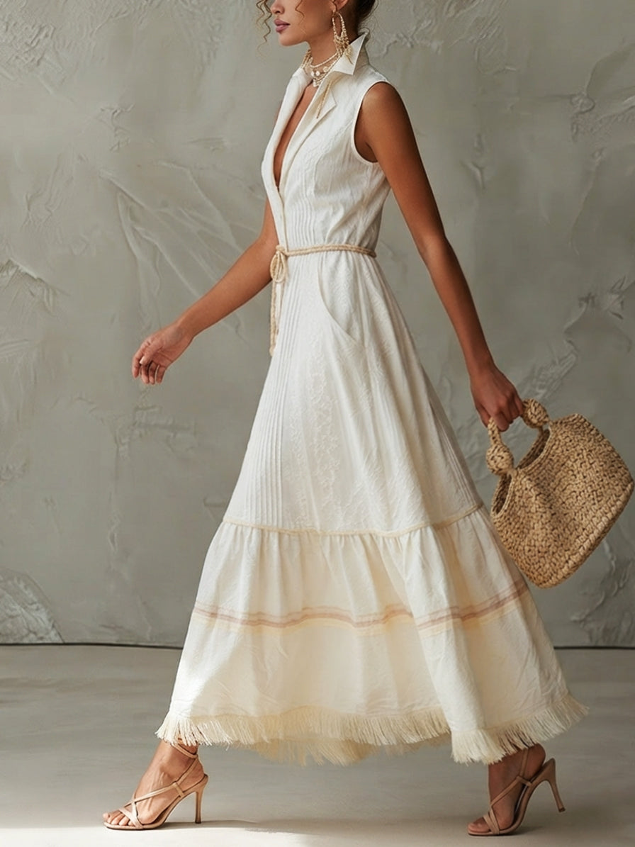 Cream Sleeveless Fringe Hem Maxi Dress