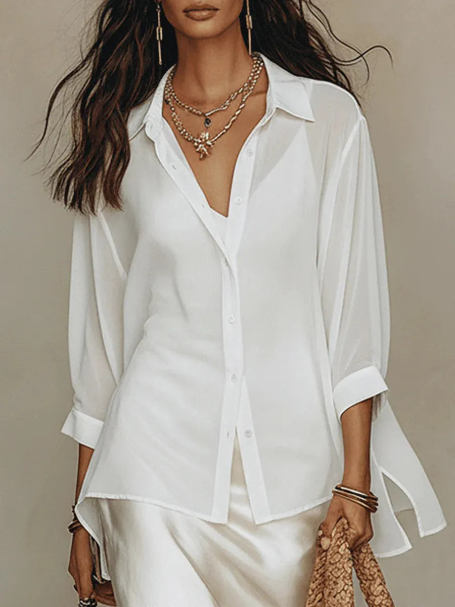 White Button-down Shirt And Satin Slip Dress Two-piece Set