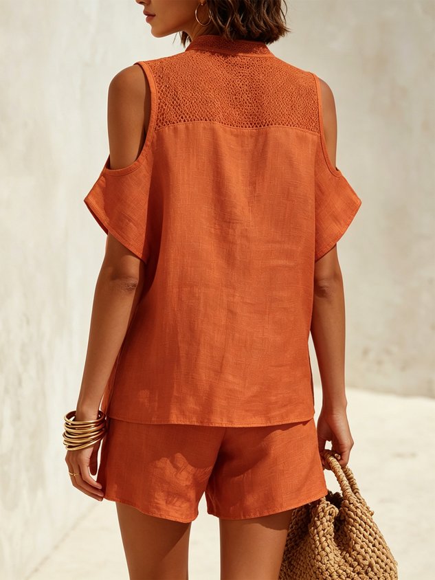 Cotton Casual Plain Zipper Mock Neck Blouse